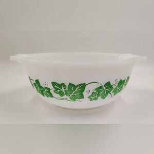 Vintage Glass Bake White Bowl w/ Green Ivy Leaf Design